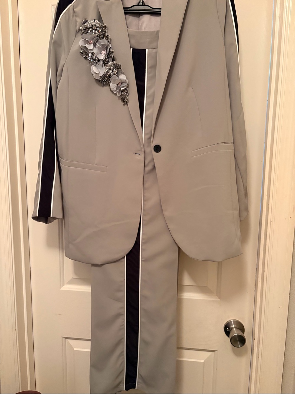 Fashion Nova Light Gray Blazer with Black Stripe and Floral Embellishment